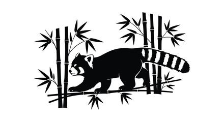A striking black silhouette of a red panda walking amongst bamboo stalks showcasing a minimalist style silhouette high quality professional detailed © GDSneha02