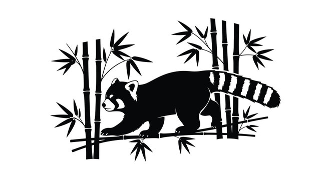 A striking black silhouette of a red panda walking amongst bamboo stalks showcasing a minimalist style silhouette high quality professional detailed