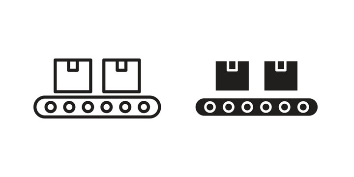 Conveyor belt icon set in black outline and fill. Editable icons