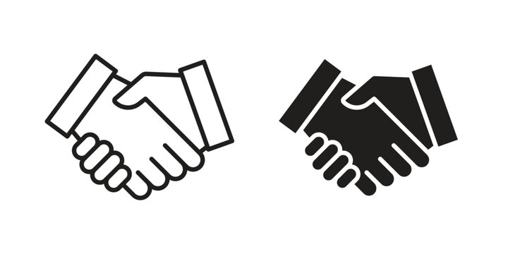 Deal handshake icon set in black outline and fill. Editable icons