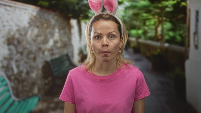Woman with bunny ears headband and pink tshirt makes fish lips gesture on street beside a stone wall and bench; playfulness.