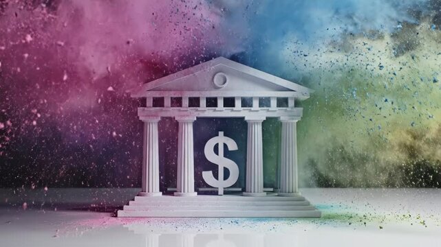 Colorful Bank Building with Dollar Sign.