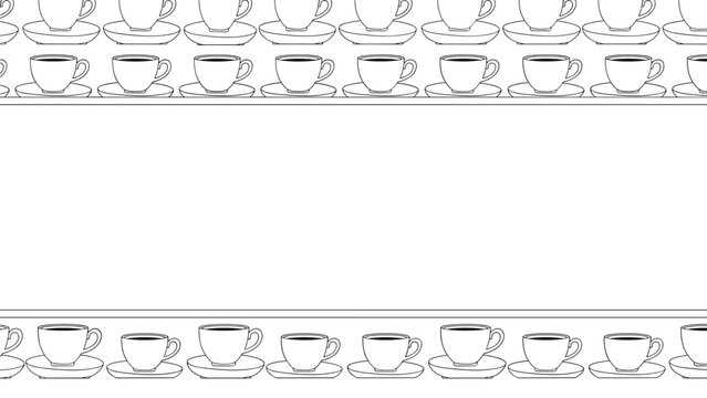 Sketchy line art frame border of coffee cups and saucers arranged in rows on a white background with center space.