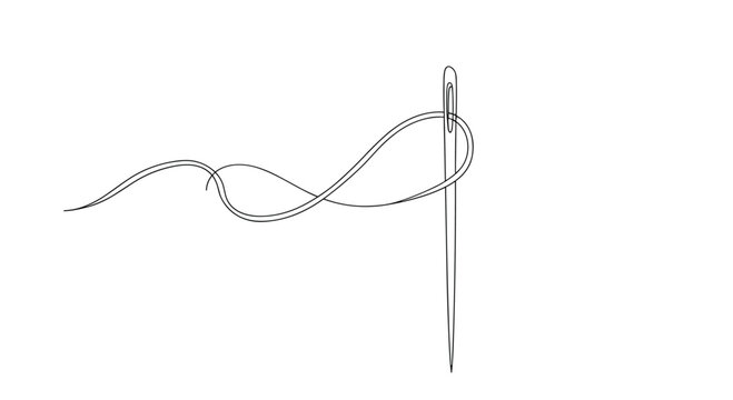 simple line art illustration featuring a sewing needle with a long piece of thread passing through its eye and looping back gracefully.