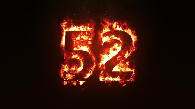 Burning Fire Number 52. Fire Digit Animation. Fiery Number