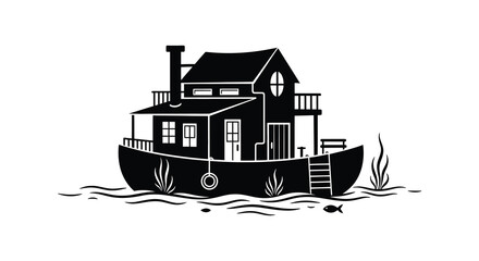 A striking black silhouette depicts a houseboat floating on water with decorative elements creating a captivating scene silhouette high quality professional © GDSneha02