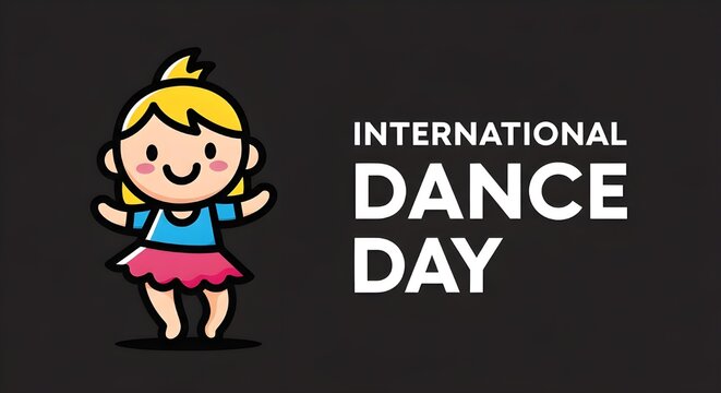 A cartoon girl celebrating International Dance Day with a big smile