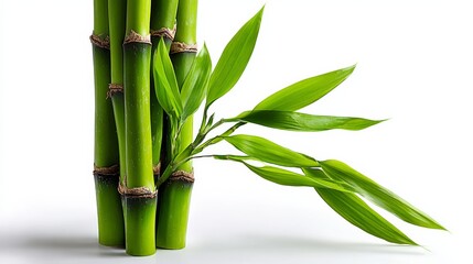 Fototapeta premium Fresh green bamboo stalks stand tall with lush leaves. Smooth, segmented stems show natural growth patterns. Bright leaves curve gently, adding graceful movement