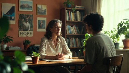 Fototapeta premium Therapist counseling young patient in warm office setting