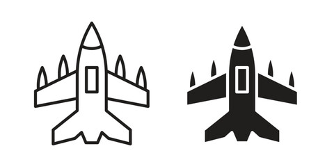 Obraz premium Fighter jet icon set in black outline and fill. Editable icons