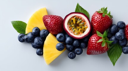 Obraz premium Fresh fruit arrangement on light surface. Sliced pineapple, whole strawberries, blueberries, and passion fruit. Green leaves add natural touch. Bright colors suggest healthy eating theme