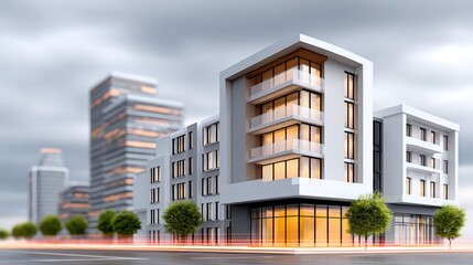 Fototapeta premium Modern apartment building with warm interior lights. Sleek glass and concrete design. Trees line street in front of property. Suitable for real estate, urban development, or architectural portfolios