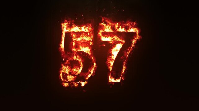Burning Fire Number 57. Fire Digit Animation. Fiery Number