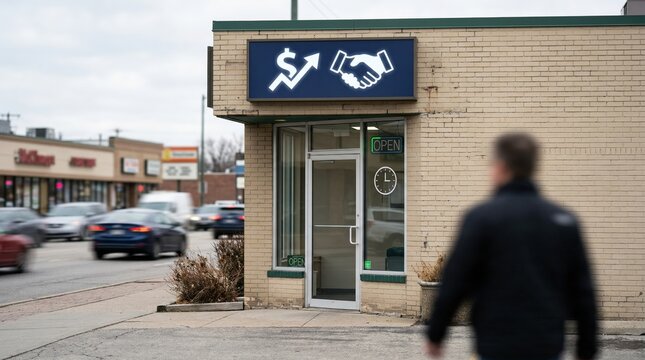 Medium shot of a standalone subprime finance office entrance with clear signage the foreground pedestrian and background vehicles blurred to emphasize the location.