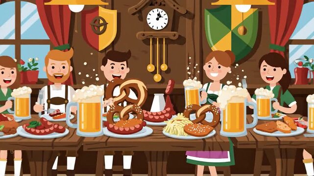 Animated oktoberfest celebration with beer pretzels and traditional food in a festive bavarian setting with smiling people