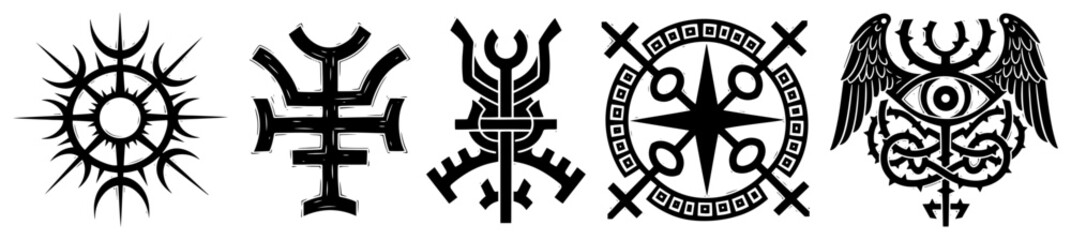 Occult and mystical symbols set, esoteric sigils and alchemical icons, gothic spiritual elements with eye and wings for magic and wicca design © Luka