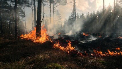Forest Wildfire Burning Through Pine Trees with Flames and Smoke