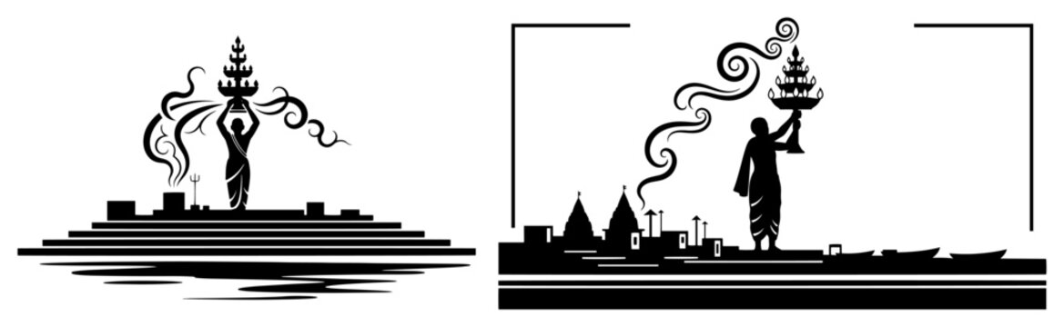 Ganga Aarti ritual in India silhouette set, priest performing spiritual fire ceremony at river bank with temples, Varanasi culture and religion illustration