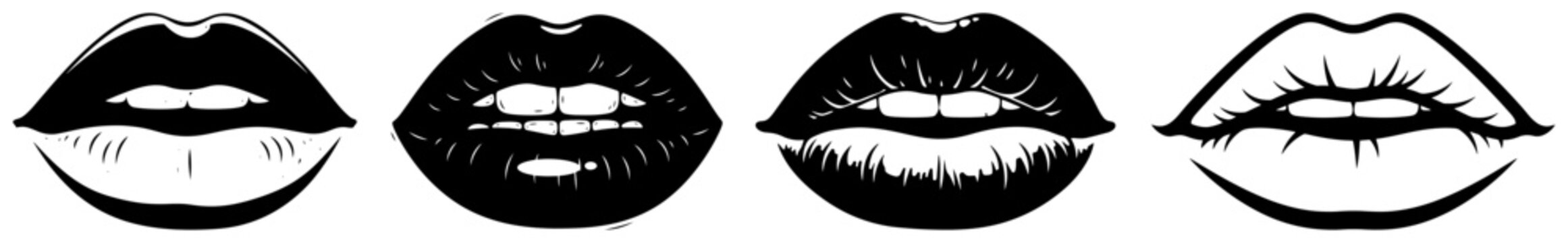 Female lips and mouth silhouette set, seductive woman's lips icons with teeth and smile, makeup and beauty design elements for fashion and lifestyle