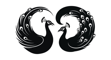 Two peacocks facing each other with ornate tail feathers displayed in a striking black silhouette high quality professional detailed modern elegant © GDSneha02