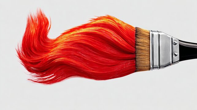 Brush strokes swirl in vivid red and orange hues. Metallic ferrule holds bristles against plain white background. Artistic tool for painting or design projects. Suggests passion, energy