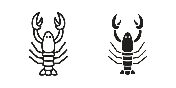 Lobster icon set in black outline and fill. Editable icons
