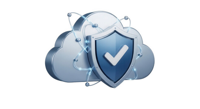Cloud computing security concept with blue shield and check mark surrounded by orbital data connections