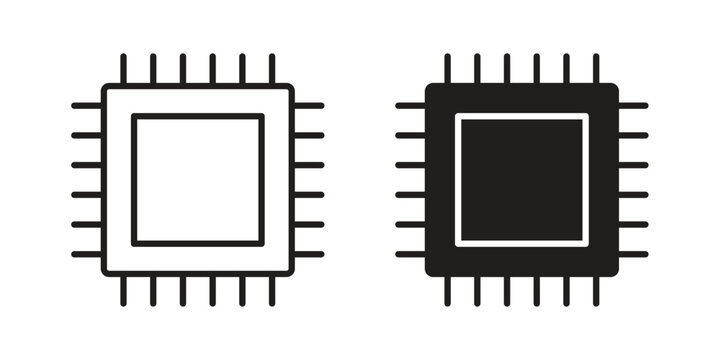 Microchip icon set in black outline and fill. Editable icons