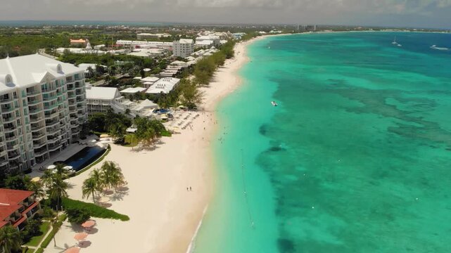 Aerial amazing beauty of famous Seven Mile Beach, Grand Cayman, Cayman Islands. 