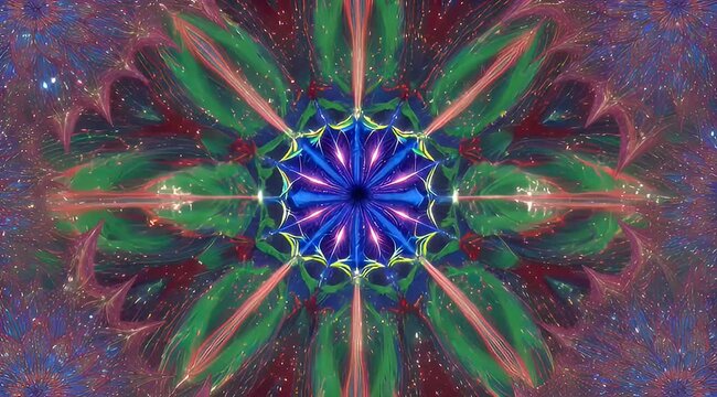 Mesmerizing kaleidoscope with blue center, green rays, and surrounding colorful stars