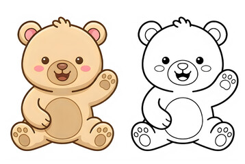 Obraz premium Adorable cartoon bears in playful poses, one colored and one outlined in line art, isolated on transparent background, perfect for children's book illustrations and educational materials.