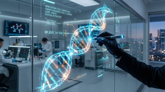 Genetic Research in Futuristic Lab: Holographic DNA Visualization (62 chars)