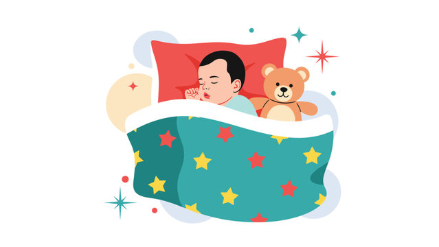 Cute baby peacefully sleeping in a bed with a red pillow colorful star patterned blanket and a friendly brown teddy bear.