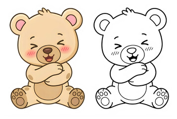 Obraz premium Adorable cartoon bears in playful poses, one colored and one outlined in line art, smiling with blush cheeks, isolated on transparent background