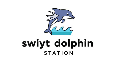 Fototapeta premium Dolphin jumping out of wave in blue gradient illustration for aquatic logo