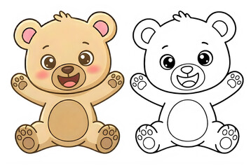 Naklejka premium Playful brown bear and outlined bear cubs sitting with paws up, smiling and looking friendly, in a colorful children's book illustration style, isolated on transparent background.