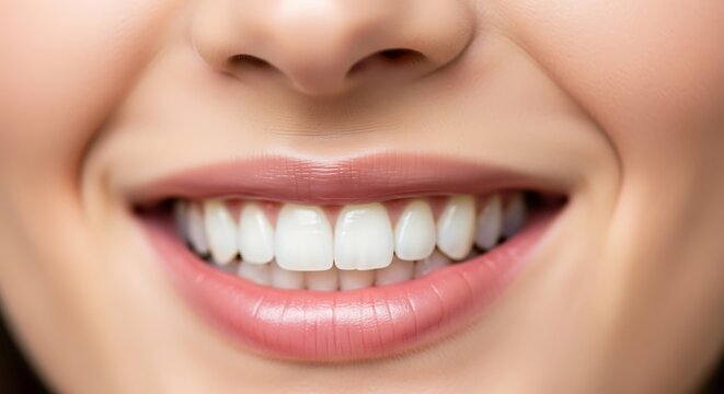 Close-up on a woman's mouth and lips with perfectly aligned white teeth, showing a natural and happy smile, perfect teeth, close up, oral health