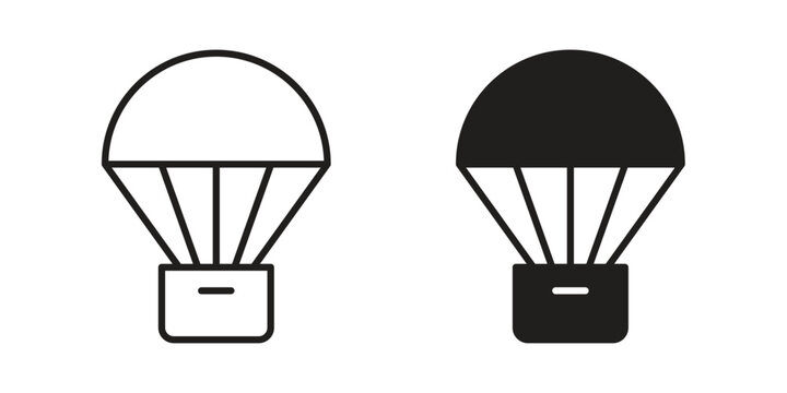 Parachute icon set in black outline and fill. Editable icons