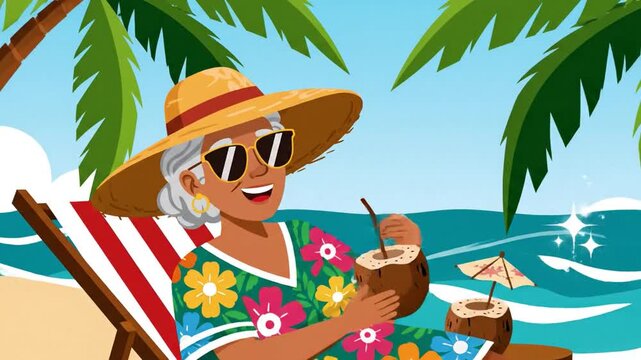 Animated senior woman relaxing with coconut drink on tropical beach vacation cartoon style