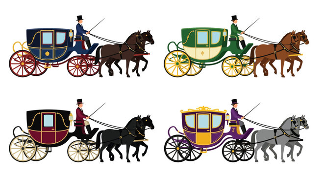 Four ornate horse drawn carriages with coachmen in a vintage illustration