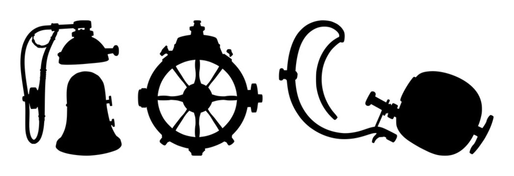 Vintage deep-sea diving bell set with solid black silhouette on white background featuring underwater exploration, maritime, nautical with historical and industrial design