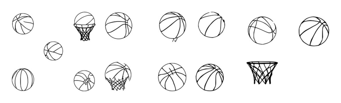 Basketball set with dynamic sketch vector illustration featuring bold basketball emblem, glossy ball, classic basket with sports theme and clean line art