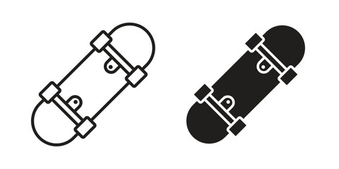 Skateboard icon set in black outline and fill. Editable icons