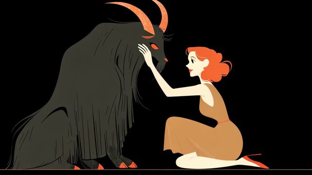 Whimsical Fantasy Art: Mythical Goat Demon and Human-Animal Bond in Vibrant Cartoon Style