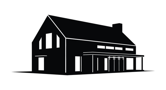 A striking black silhouette of a modern farmhouse with a gabled roof and chimney emphasizing sharp lines silhouette high quality professional