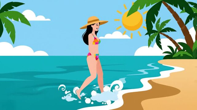 Animated woman in bikini walking on beach shore with palm trees and cartoon sun enjoying summer vacation