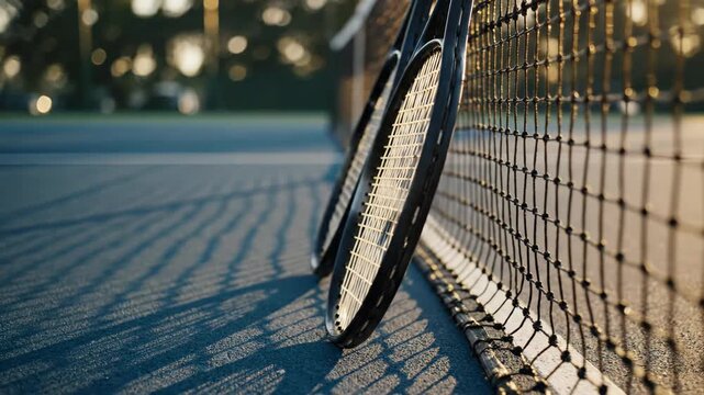 Tennis Rackets Leaning Against Court Net.