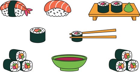 Sushi Japanese Food Illustration Set with Nigiri Maki Rolls Chopsticks Bowl and Wasabi Flat Cartoon Vector Collection © Nurjjaman