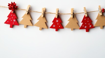 Festive Christmas Tree Decorations Hung on a Twine String with Wooden Clothespins, Minimalist Holiday Display