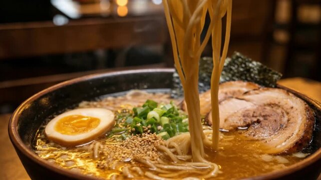 Creamy miso ramen noodle soup broth with egg, pork, scallion, sesame and chopstick lifted noodles